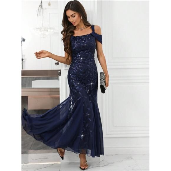 Long Sequin Mermaid Evening Dress, Formal Party Gown, Wedding Event - Picture 3 of 6